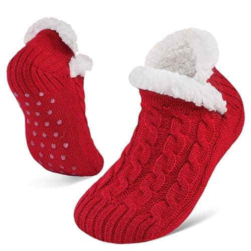 Image of Niorasen Fluffy Slipper Socks Women Men, Valentines Gifts for Her, Warm Bed Socks with Grippers, Thick Cosy Non-Slip Winter Sock, Ladies Girls Women Gift for Christmas, UK 4-9, Red
