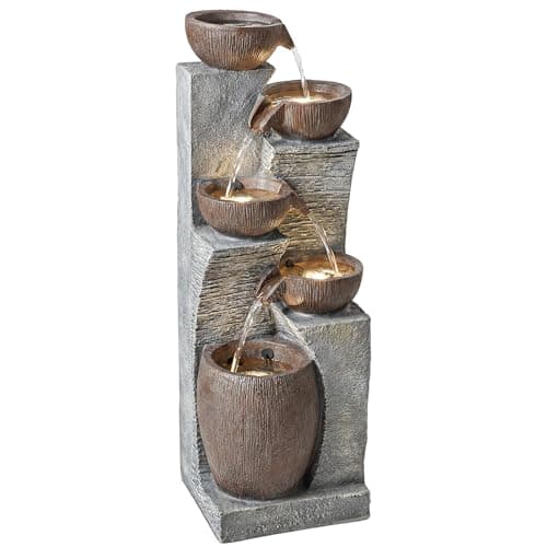 Image of Outsunny Outdoor Fountain with 5-Tier Rustic Crock Design, Waterfall Feature with LED Lights, Adjustable Flow, Resin Freestanding Garden Fountain for Patio, Grey and Rustic Brown