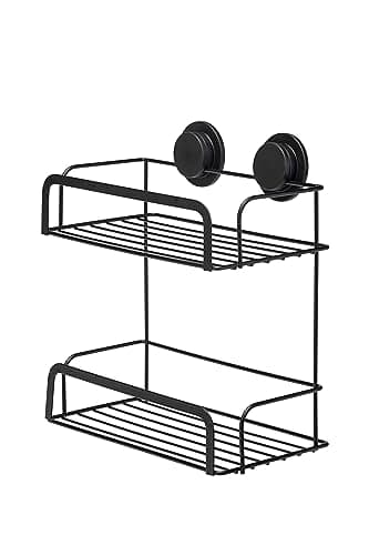 Image of Croydex Stick 'N' Lock Two Tier Black Shower Caddy - Shower Shelf No Drilling Bathroom Storage Solution with Sticky Pad Easy-Clean 5 Year Rust-Free Guarantee, Mild Steel
