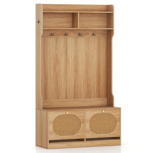 Image of Multigot Coat Rack Stand, 180cm Free Standing Hall Tree Clothes Hanger with Rattan Door Bench, Flip Drawers, Shelves & 6 Dual-Hooks, Wooden Coat and Shoe Storage Organiser for Hallway Entryway Bedroom