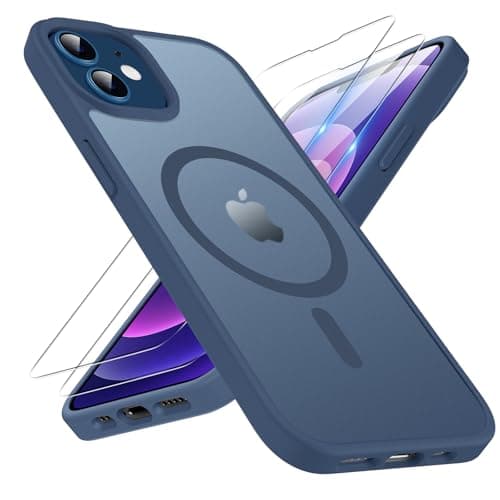 Image of TQIAHF Magnetic Phone Case for iPhone 12/iPhone 12 Pro Case with 2 Tempered Glass Screen Protector Compatible with MagSafe Military Grade Translucent Matte Phone Cover for iPhone 12/12 Pro,Blue