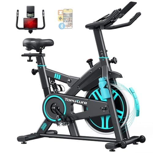 Image of 【2026 Upd】Toputure Exercise Bike with APP and Heart Rate, Shock Absorption Spin Bike, Magnetic Resistance, Max 350 lbs,15kg Flywheel, LCD Display, Wasserflaschenhalter, Tabletthalter, Ultra-quiet