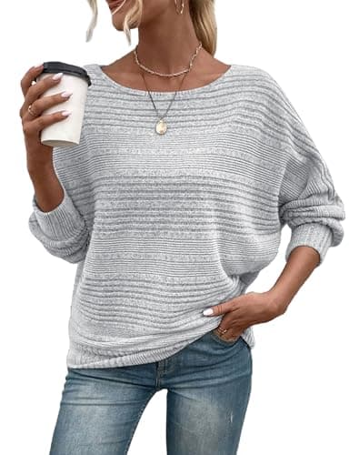 Image of Gemulate Off Shoulder Jumper for Women UK Ladies Batwing Tops Long Sleeve Crew Neck Lightweight Autumn Striped Knit Sweater Casual Pullover Grey XXL