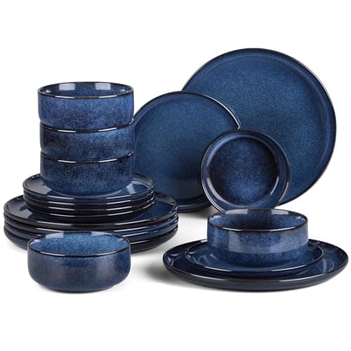 Image of HaWare Dinner Set, 18 Piece Stoneware Dinnerware Service for 6, Reactive Glaze Dining Ware Include Plates and Bowls, Chip and Scratch Resistant, Microwave & Dishwasher Safe, Nebulas Blue