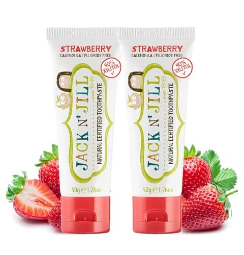 Image of Jack N’ Jill Natural Certified Kids Toothpaste – Fluoride-Free Toddler & Baby Toothpaste with 40% Xylitol, No Sugar, Suitable from 6 Months+, Organic Strawberry Flavour, Pack of 2 (50g Each)