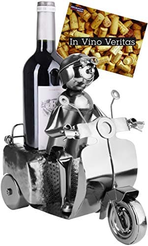 Image of BRUBAKER Wine Bottle Holder Scooter Driver Silver - Metal Sculpture Bottle Stand - 10.6 In Metal Figure Wine Gift for Scooter Fans - with Greeting Card