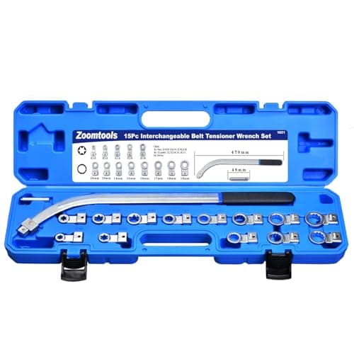 Image of Zoomtools 15PC Auxiliary Idler Belt Tensioner Pulley Tool Kit Universal Serpentine Timing Belt Wrench Removal Set Engine Timing Curved Belt Tensioning Remover Installer with 12-Point Adapters