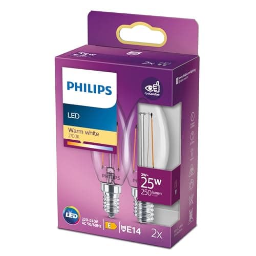 Image of Philips LED Premium Classic Clear B35 Candle Light Bulb 2 Pack [E14 Small Edison Screw] 2W - 25W Equivalent, Warm White (2700K), Non-Dimmable.