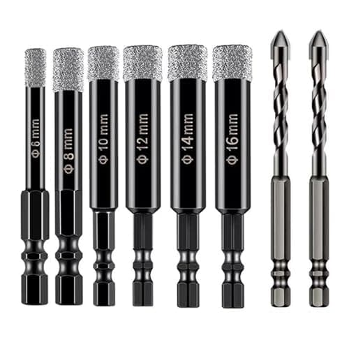 Image of 8Pcs Diamond Drill Bit Set, 6/8/10/12/14/16mm Porcelain Tile Dri-ll Bit, Diamond Drill Bits and 2pcs 6mm Hex Shank D-rill Bit, Ideal for Glass, Tiles, Porcelain, Granite, Marble, Hard Materials