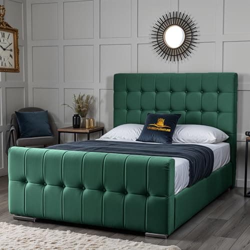 Image of Orlando Upholstered Bed Frame | Elegant Plush Velvet Headboard & Footboard | Optional Gas Lift Storage & Mattress (Green, 6FT Super King No Storage Slat Base - No Mattress)