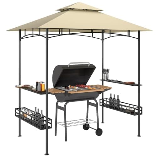 Image of Outsunny 8' x 5' Grill Gazebo Canopy, Double Tiered Outdoor BBQ Gazebo Shelter with 2 Side Shelves, Storage Baskets, Hook for Garden, Patio, Barbecue, Picnic, Beige