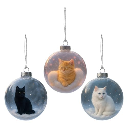 Image of 3pcs Glass Christmas Tree Baubles, Cat Ornaments, 9x9cm Glass Baubles Decorations, Cats Figurines In Crystal Ball, Sale Clearance, Pendants For Party Wedding Home Decor, Presents For Cat Lovers