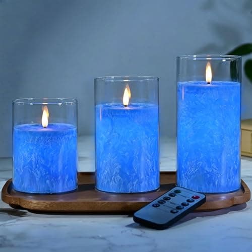 Image of MozkeTo19 Blue Glass Real Wax Flameless Candles Flickering, with Remote & Timer - Fake Candles Flickering Light, Battery Operated LED Pillar Candles