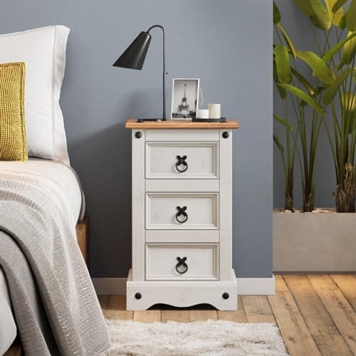 Image of Corona Bedside Cabinet White Wax 3 Drawer Narrow Side Table Solid Wood Pine Wooden Painted Small Night Stand Lamp End Unit Bedroom Shabby Chic Mexican Style58cm High. 35cm Wide 33cm Deep