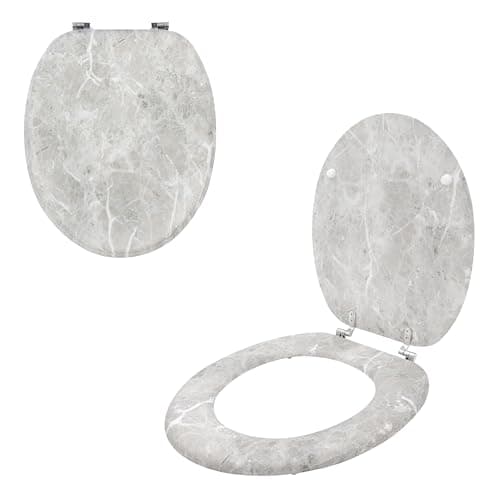 Image of Anika 92549 Grey Marble Effect Toilet Seat/Chrome Hinges/Easy Installation / 43cm x 37.5cm