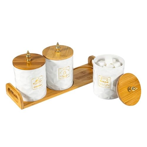 Image of SUNNYNEST Ceramic Coffee Tea Sugar Canisters Set with Bamboo Lid & Tray – 3pcs White Airtight Food Storage Jars, Diamond Textured Ceramic Containers for Farmhouse Kitchen Countertop Decor