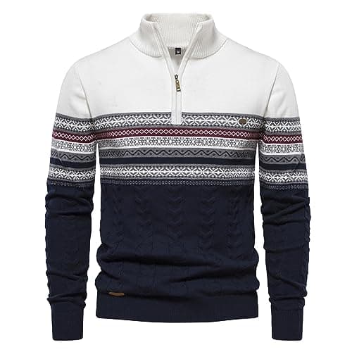 Image of Men's Jumpers Fair Isle, Sweaters for Men UK Mock Neck 1/4 Quarter Zip Jumper Regular Fit Half Zip Warm Autumn Winter Long Sleeved Pullover Casual Comfortable Tops White