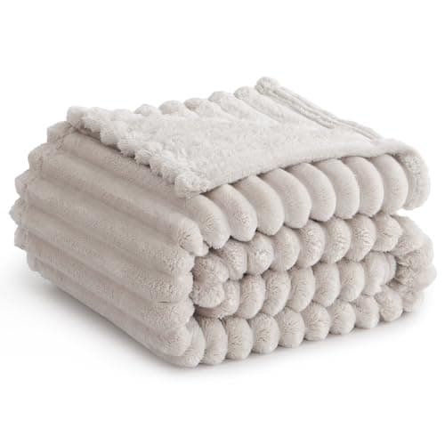 Image of RUIKASI Fleece Throw Blanket for Sofa - Double Fluffy Beige Throws for Sofas Large, Soft Warm Blanket Throw for Couch, Luxury Decorative Ribbed Bed Blanket 150x200cm Twin