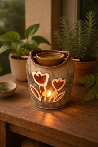 Image of Ceramic Tulip Oil Burner 10 x 8 cm – Decorative Wax Melt & Essential Oil Warmer with Floral Cut-Out Design – Tealight Candle Aromatherapy Diffuser for Home Décor JR1511