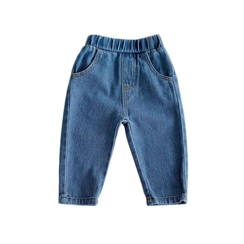 Image of Blue Baby Boys Girls Jeans Toddler Kids Denim Trousers Elastic Waist Comfy Casual Trousers Solid Color Loose Fit Jean Flared Full Length Pants 3-4 Years