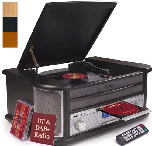Image of Denver 10-in-1 Retro Vintage DAB Bluetooth Wooden Radio Record Player With Speakers – DAB+ Radio, FM, Record Player, Cassette & CD Player, AUX IN, MP3 USB Recording, AUX IN And Line Out - MRD-51BT