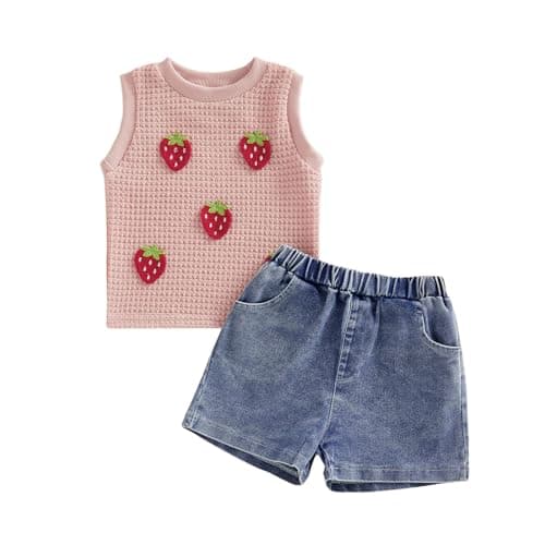 Image of MAHUAOYIXI Toddler Baby Girls Outfits 3D Strawberry Sleeveless Tank Tops with Elastic Waist Denim Shorts Sets 2Pcs Infant Summer Waffle Clothes Set for Girls (Pink, 2-3 Years)