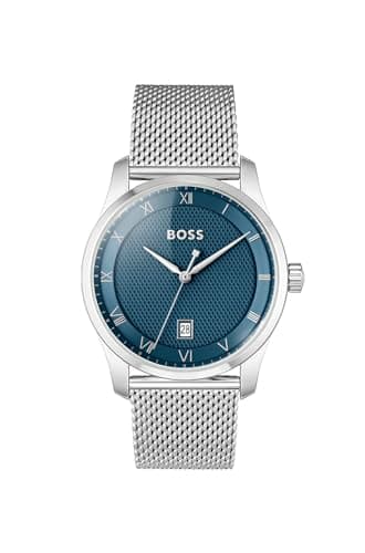 Image of BOSS Three Hand Quartz Movement Watch for Men Principle Collection with Silver Stainless Steel Mesh Bracelet - 1514115