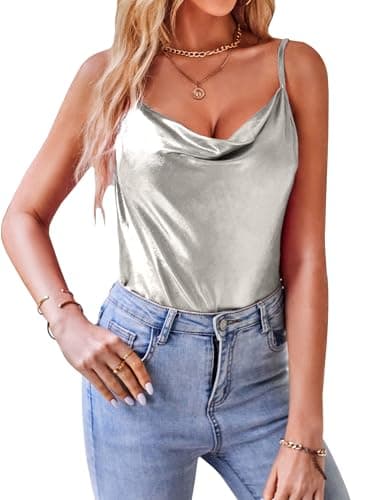 Image of VIDUSSA Sparkly Tops for Women Cowl Neck Glitter Vest Top Spaghetti Strap Cami Tank Shirt Blouse Silver XL