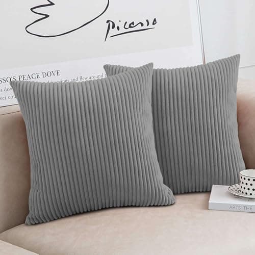 Image of Moonlight Bedding Corduroy Cushions with Covers included Silver Pack of 2 (2 covers, 2 inserts) 45 x 45 cm Decorative Stripe Throw Pillow Cases with Invisible Zipper for Living Room Bed Sofa