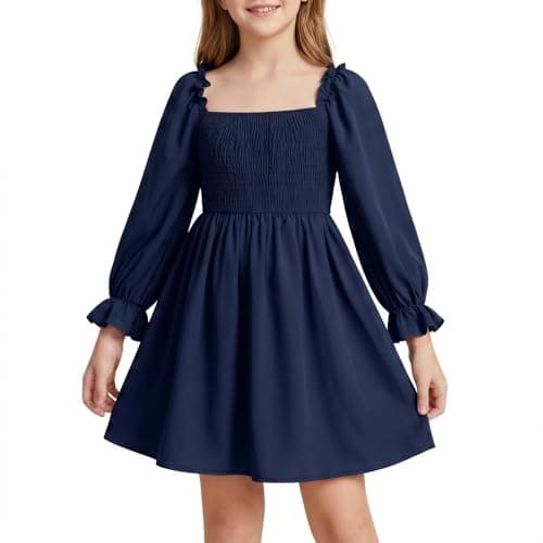 Image of DivingBirds Girls Dresses Square Neck Puff Long Sleeve A-Line Dress Kids Spring Summer Casual Birthday Holiday Clothes for Girl 11-12 Years Navy Blue