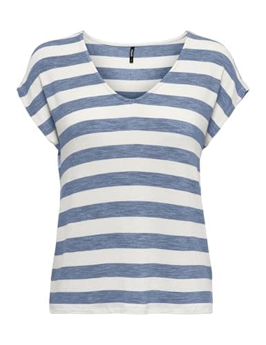 Image of ONLY Women's Onllira Life S/S V-Neck top JRS T-Shirt, Infinity/Stripes: Cloud Dancer, XS