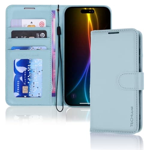 Image of TECHGEAR iPhone 17 Leather Wallet Case with RFID Blocking, Flip Cover with Card & Cash Holder, Kickstand, Wrist Strap, Magnetic Closure - Light Blue PU Leather for iPhone 17 6.3"