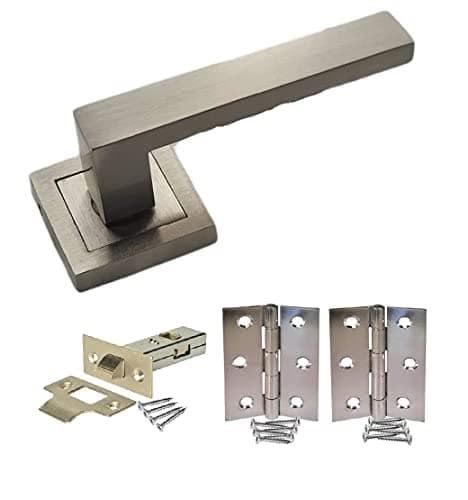 Image of Golden Grace Delta Door Handles on Square Rose in Satin Stainless Steel, Complete with Tubular Latches & Hinges - 1 Pair