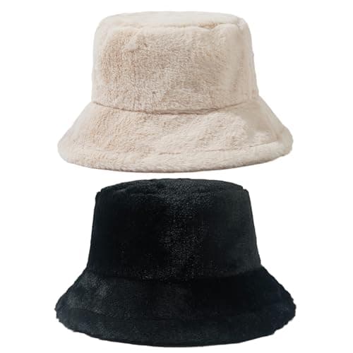 Image of DAVBNM 2PCS Bucket Hat, Warm Fleece Lined Bucket Hats, Winter Warm Furry Bucket Hats, Comfortable Foldable and Cozy Winter Accessory, for Girls and Women Black