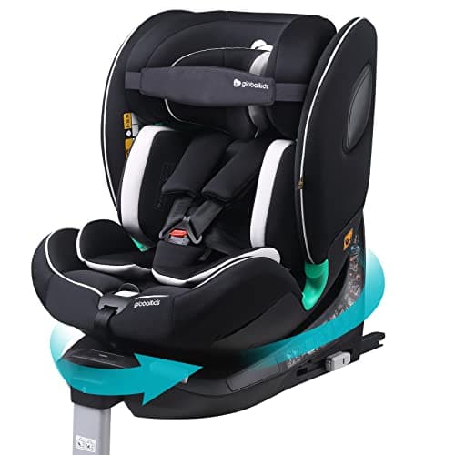 Image of globalkids i-Size 360 Swivel Car Seat, Group 0+123 Car Seat with ISOFIX and Support Leg, ECE R129, 0-36 kg, 0-12years, 40cm-150cm, (Black Grey)