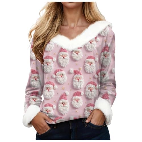 Image of T-Shirt Women's Tops Blouse Top T Shirt Women's Jumper with Christmas Pattern V Neck Casual Loose Long Sleeve Tops, White, 4XL