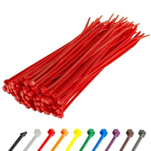 Image of GTSE 100 Pack of Red Cable Ties, 200mm x 2.5mm Premium Tie Wraps, Nylon Zip Ties