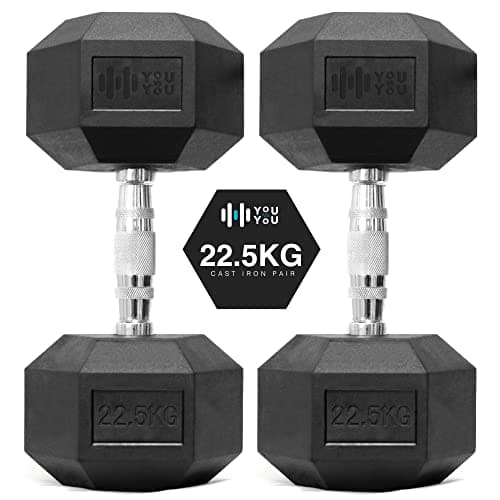 Image of You vs You Hex Dumbbells Weights Pair for Home Exercise | 22.5kg Set of 2 Hexagonal Weight Rubber Encased for Home Fitness Gym Workouts Training Muscle Building & Conditioning | Unisex | Strength Fit