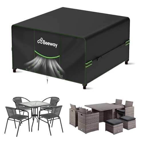 Image of BEEWAY Garden Furniture Cover With Air Vent, Waterproof Patio Rattan Sofa Table Chair Set Cover - 420D Oxford Fabric, Windproof - 150x150x73cm