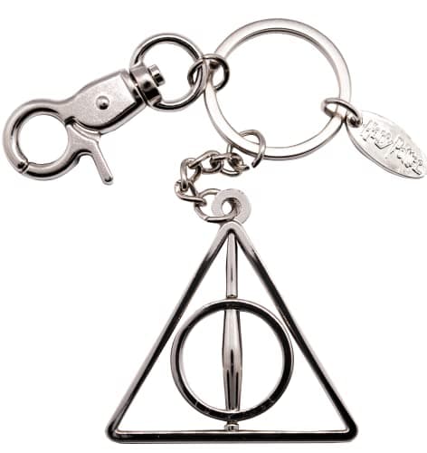 Image of GWCC Official Licensed Harry Potter Deathly Hallows Keychain made of silver chrome finish and encompasses all three symbols of the Deathly Hallows