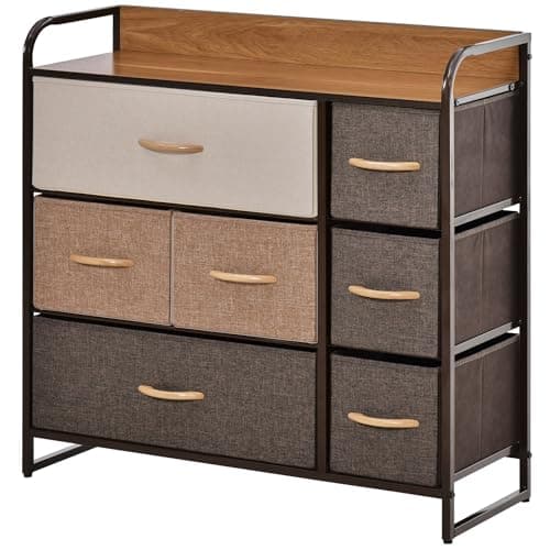 Image of HOMCOM Chest of Drawers with 7 Foldable Drawers, 3-Tier Fabric Bedroom Dresser, Clothes Storage Unit for Bedroom, Living Room, Multi-Colored