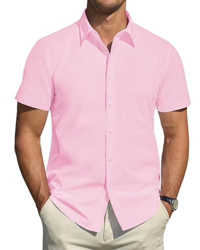 Image of J.VER Mens Shirt Short Sleeve Stain Shield Business Work Office Fashion Casual Summer Shirt Regular Fit No Iron Dress Shirts Pink M