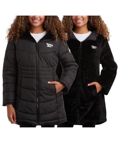 Image of Reebok Womens Winter Jacket - Sherpa Fleece Lined Reversible Insulated Puffer Parka Winter Coats for Women with Faux Fur Hood, Jet Black, S