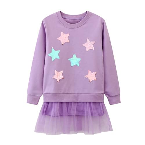Image of Dioshark Sweatshirts for Girls Purple Long Sleeve Cotton Kids Jumpers Glitter Sequins Star Pullover with Crew Neck Spring Summer Sports School Daily T-shirts for Children Age 5-6 Years