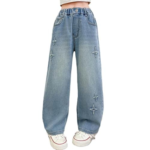 Image of duxyoz Blue Kids Baggy Jeans Girls Wide Leg/Flare/Skinny Denim Pants Elastic Waist Loose Y2K Jeans Casual Long Trousers Vintage Pull On Trousers Streetwear 14-15 Years