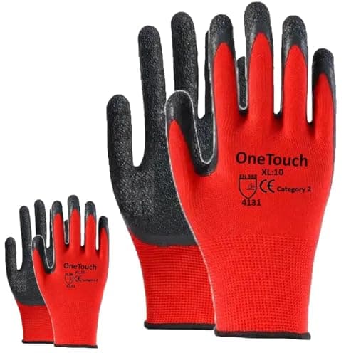 Image of A406 Red Safety Work Gloves, 12 Pairs, Red Latex Coated, Anti-Slip, Breathable, Crinkle Finish, Large & X-Large (Medium-8)