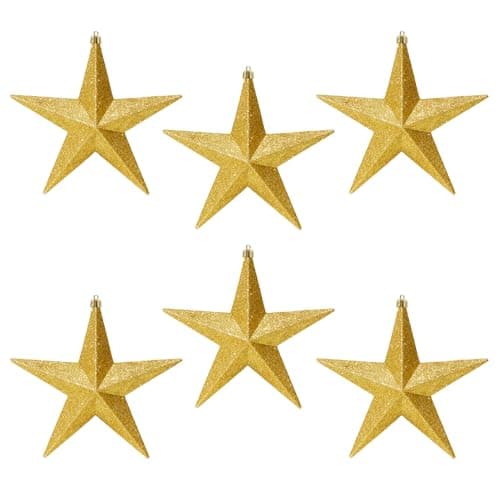 Image of Shatterproof Christmas Stars 6 Pack 100mm Premier Christmas Tree Decoration, glitter Star Baubles (Gold 5993)