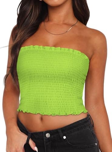 Image of florynova Tube Tops for Women Summer Backless Pleated Crop Top Slim Fit Sleeveless Shirt(Neon Green,M)