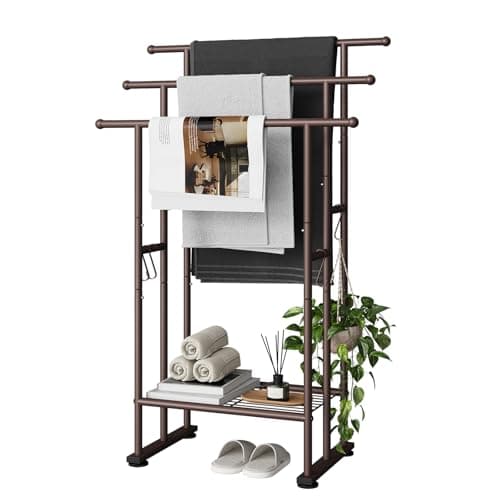 Image of ELYKEN 3 Tier Standing Towel Rack, 101CM Tall Towel Drying Rack Outdoor, Freestanding Floor Towel Rack with Shelf, Pool Towel Blanket Stand, Metal Towel Racks for Bathroom freestanding Bronze