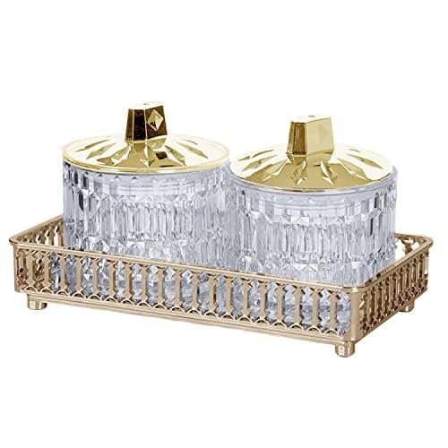 Image of M1SS Set of 3 – Crystal Clear Plastic Diamond Cut 2 Jars Canister with Airtight Silicon Seal Lid 500ml and a Metallic Color Frame with Mirror Glass Rectangular Tray Jewelry Candles Candy Nut (Gold)